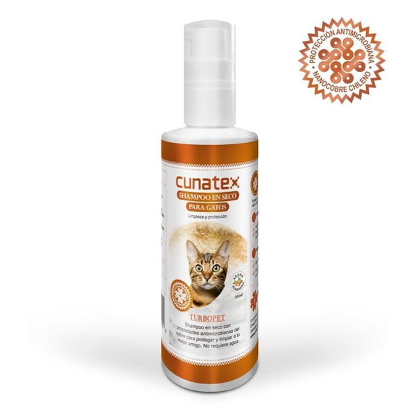 Shampoo en Seco para Gatos TurboPet con nanocobre y fragancia a almendra. Limpia sin agua, combate bacterias y deja el pelaje suave y brillante.