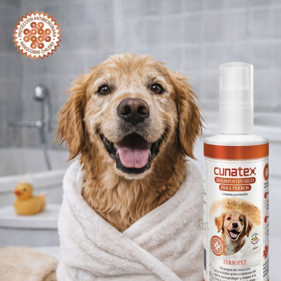 Shampoo en Seco para Perros TurboPet con nanocobre y aroma a almendra. Limpieza sin agua, combate bacterias y deja el pelaje suave y fresco.