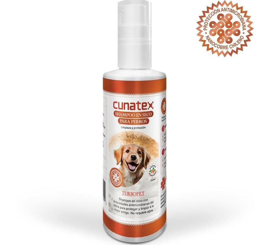 Shampoo en Seco para Perros TurboPet con nanocobre y aroma a almendra. Limpieza sin agua, combate bacterias y deja el pelaje suave y fresco.