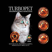 Shampoo para Gatos TurboPet 250ml con avena y nanocobre, limpia a profundidad, elimina patógenos y deja un aroma duradero a almendra.