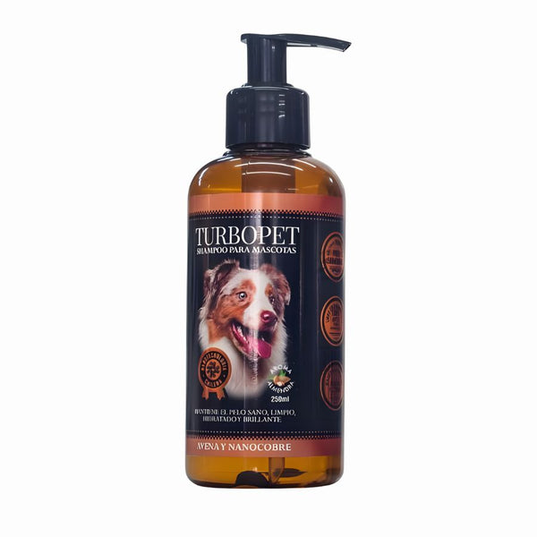 Shampoo para Perros TurboPet 250 ml con avena y nanocobre, elimina patógenos, limpia profundamente y deja un suave aroma a almendra.