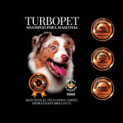 Shampoo para Perros TurboPet 250 ml con avena y nanocobre, elimina patógenos, limpia profundamente y deja un suave aroma a almendra.