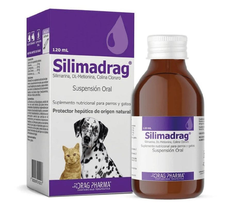 Silimadrag Suspensión Oral 120ml apoya la salud hepática con silimarina, colina y metionina. Ideal para tratamientos hepáticos en perros y gatos.