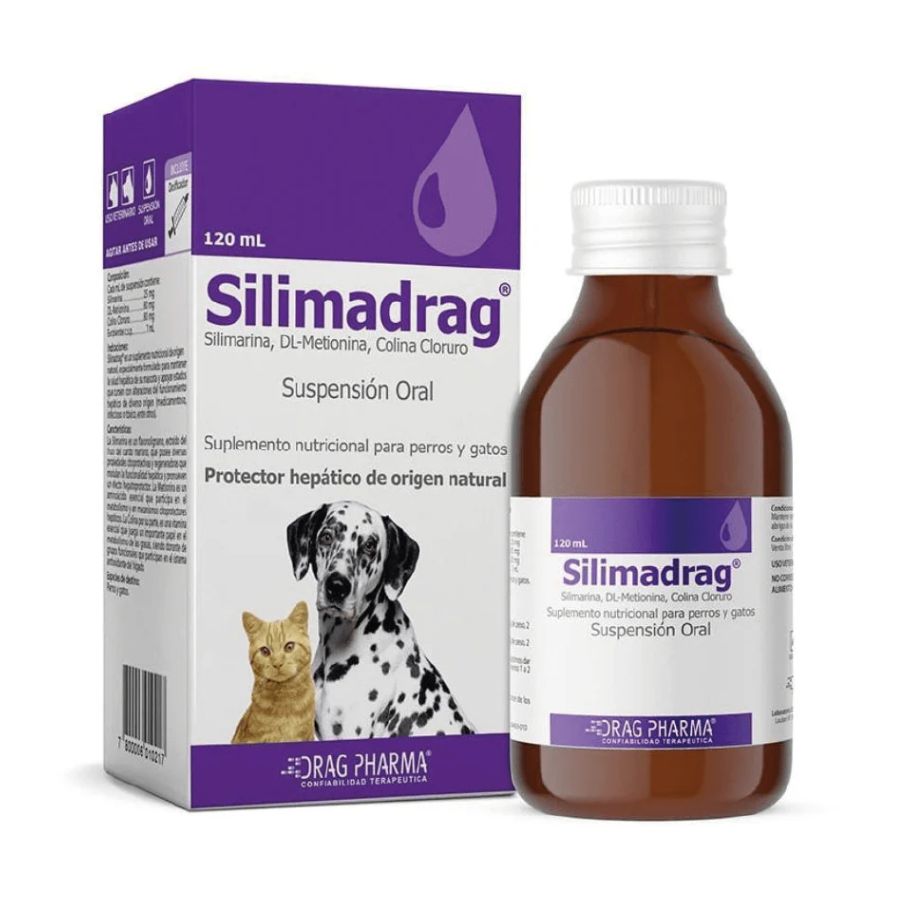 Silimadrag Suspensión Oral 120ml apoya la salud hepática con silimarina, colina y metionina. Ideal para tratamientos hepáticos en perros y gatos.