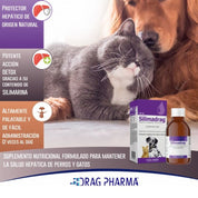 Silimadrag Suspensión Oral 120ml apoya la salud hepática con silimarina, colina y metionina. Ideal para tratamientos hepáticos en perros y gatos.