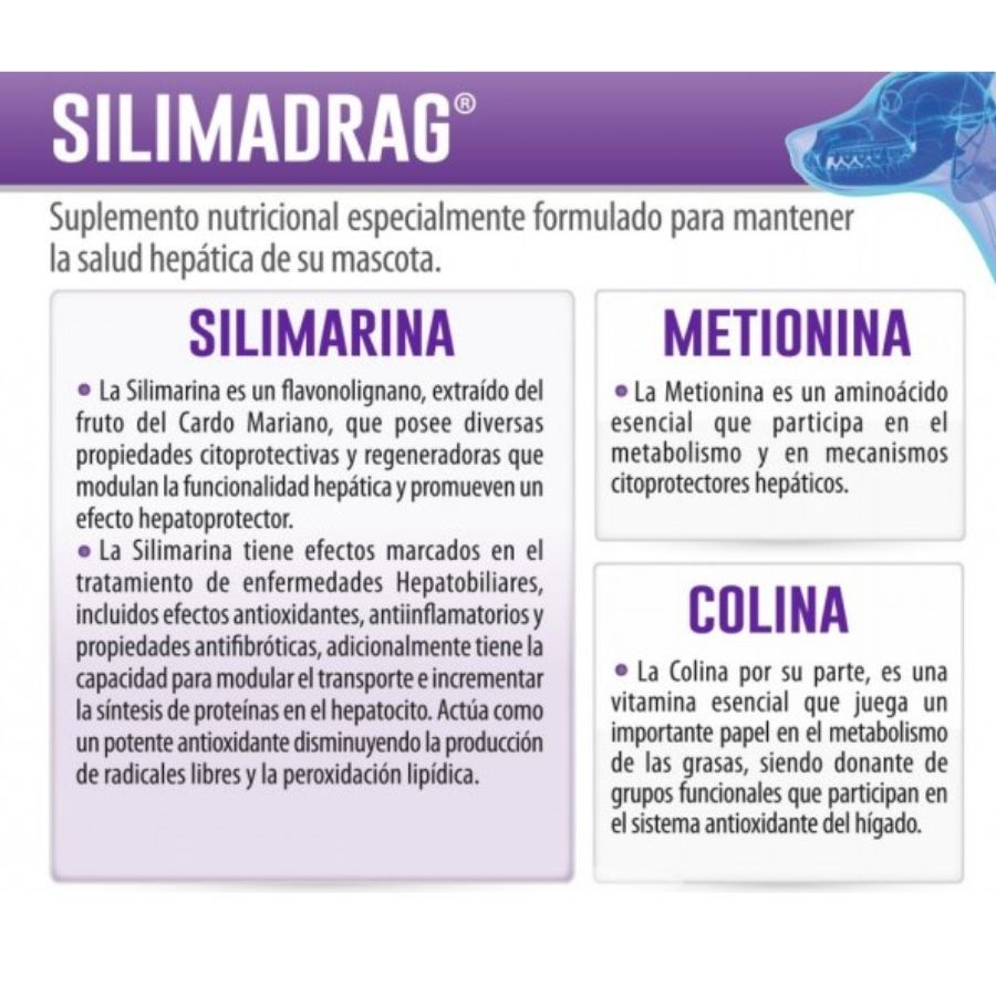 Silimadrag Suspensión Oral 120ml apoya la salud hepática con silimarina, colina y metionina. Ideal para tratamientos hepáticos en perros y gatos.