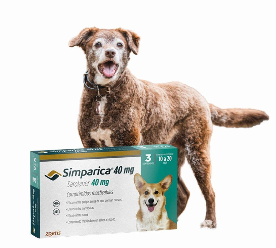 Simparica 10 - 20kg (40mg), comprimido masticable antiparasitario. Elimina pulgas, garrapatas y sarna con acción rápida y protección por 35 días.