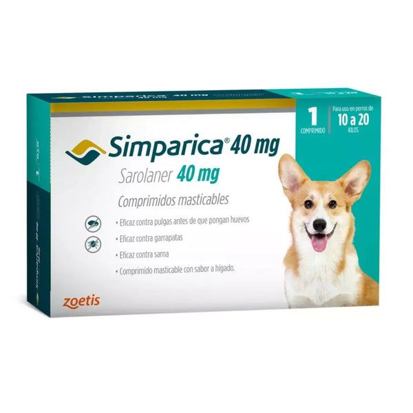 Simparica 10 - 20kg (40mg), comprimido masticable antiparasitario. Elimina pulgas, garrapatas y sarna con acción rápida y protección por 35 días.