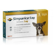 Simparica 1,3 - 2,5kg (5mg), comprimido masticable antiparasitario. Elimina pulgas, garrapatas y sarna con acción rápida y protección por 35 días.