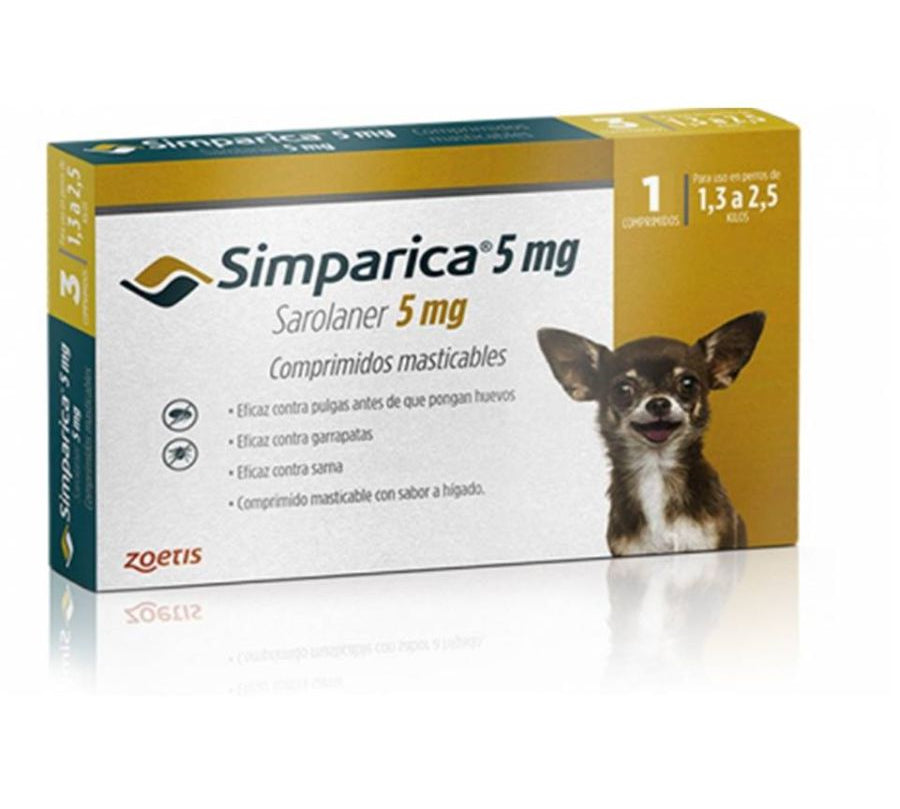 Simparica 1,3 - 2,5kg (5mg), comprimido masticable antiparasitario. Elimina pulgas, garrapatas y sarna con acción rápida y protección por 35 días.