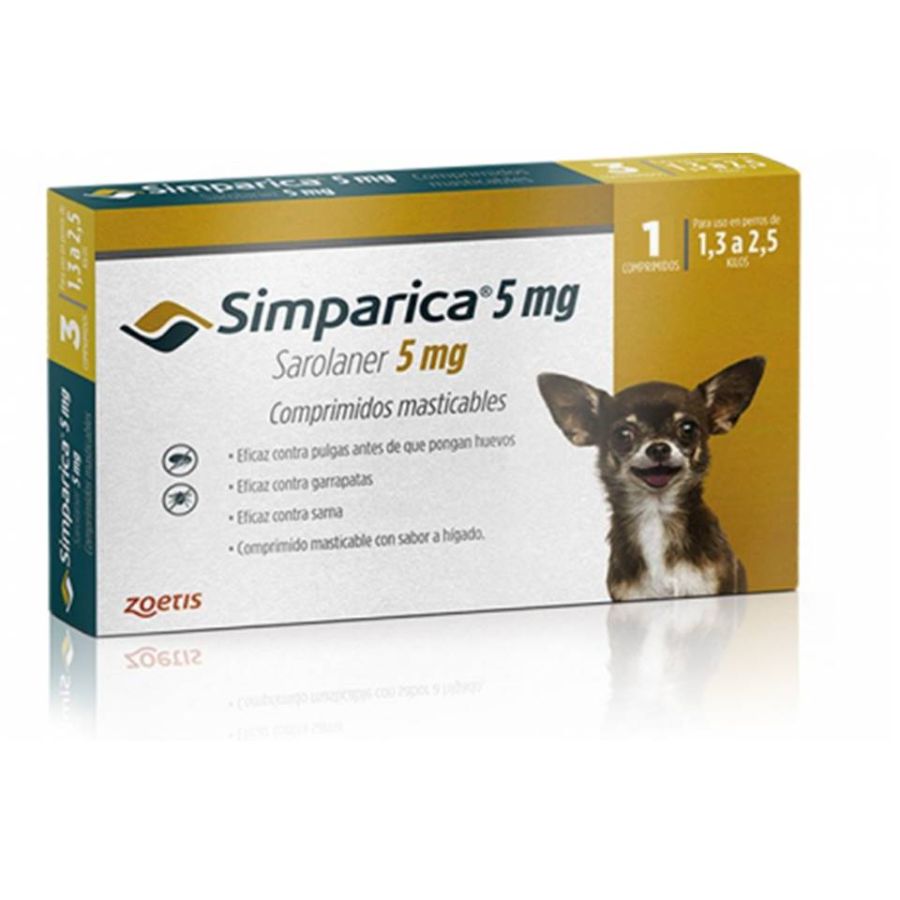 Simparica 1,3 - 2,5kg (5mg), comprimido masticable antiparasitario. Elimina pulgas, garrapatas y sarna con acción rápida y protección por 35 días.