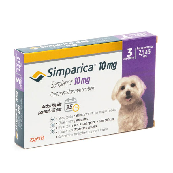 Simparica 2.5 - 5kg (10mg) 3 comprimidos, comprimido masticable antiparasitario. Elimina pulgas, garrapatas y sarna con acción rápida y protección por 35 días.