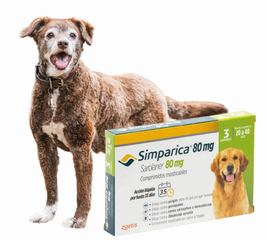Simparica 20 - 40kg (80mg), comprimido masticable antiparasitario. Elimina pulgas, garrapatas y sarna con acción rápida y protección por 35 días.