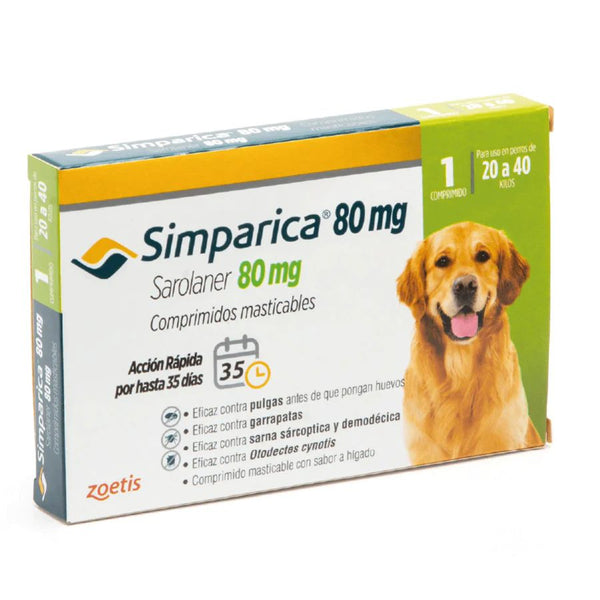 Simparica 20 - 40kg (80mg), comprimido masticable antiparasitario. Elimina pulgas, garrapatas y sarna con acción rápida y protección por 35 días.