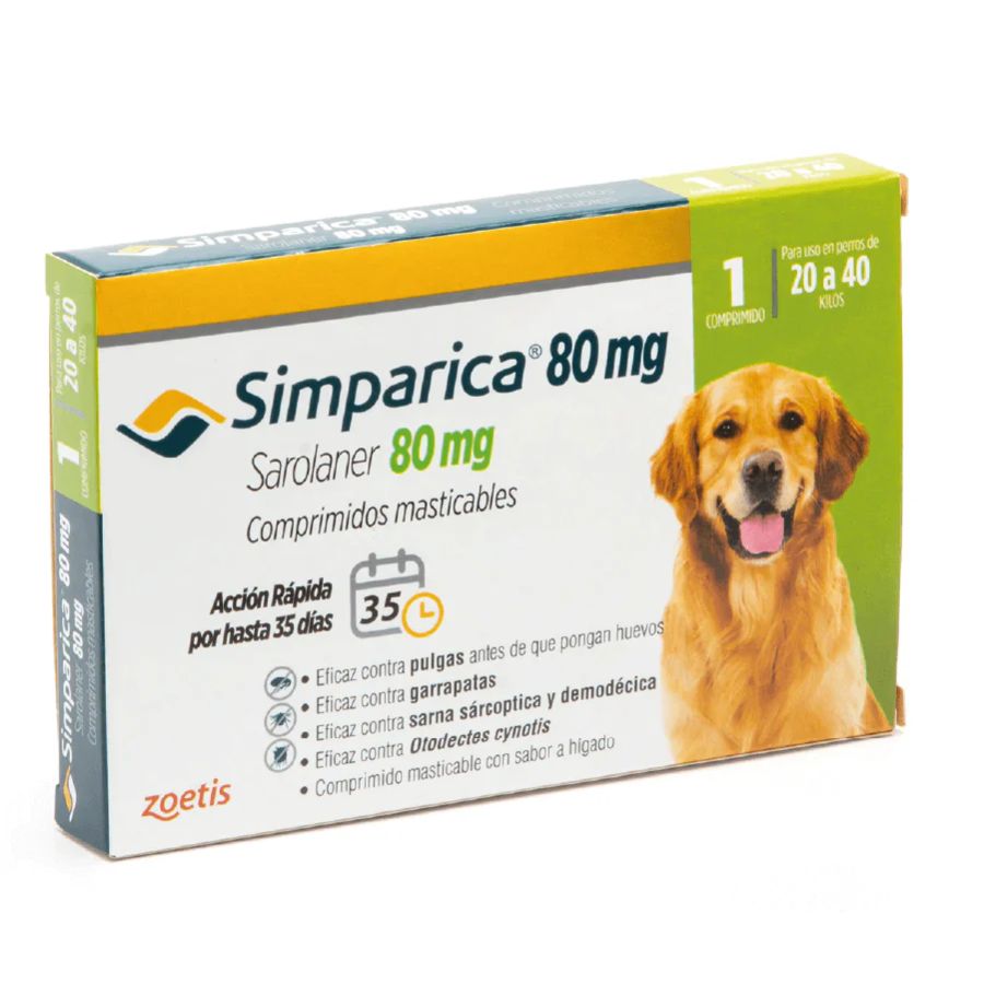 Simparica 20 - 40kg (80mg), comprimido masticable antiparasitario 🐾. Elimina pulgas, garrapatas y sarna con acción rápida y protección por 35 días.