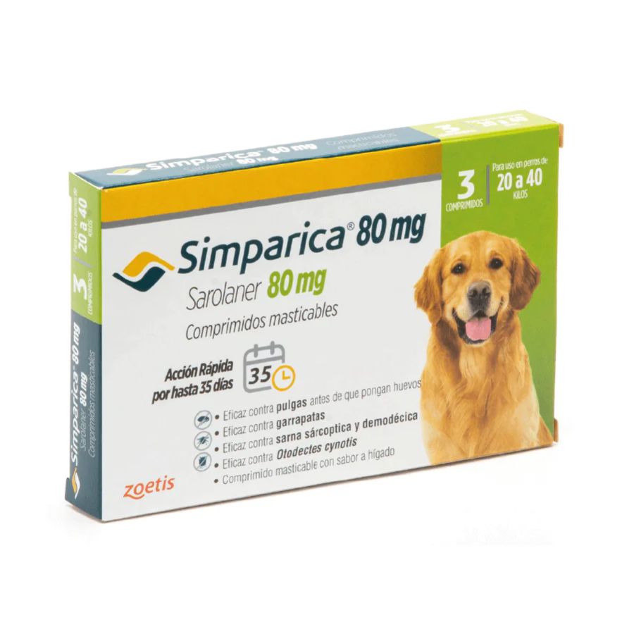 Simparica 20 - 40kg (80mg), comprimido masticable antiparasitario 🐾. Elimina pulgas, garrapatas y sarna con acción rápida y protección por 35 días.