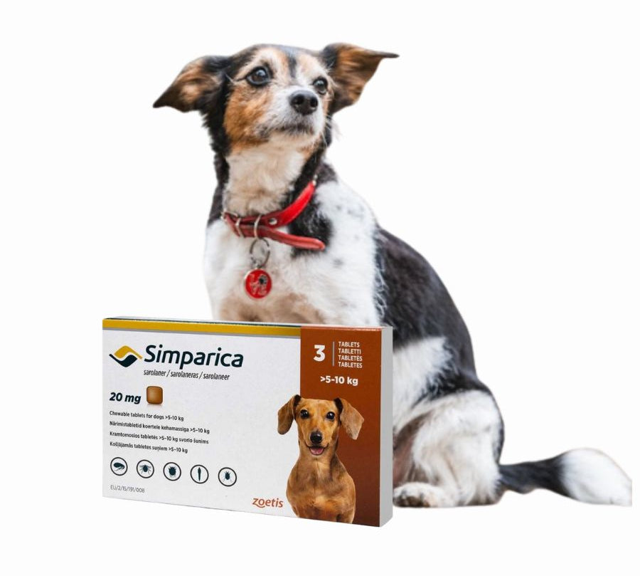 Simparica 5 - 10kg (20mg), comprimido masticable antiparasitario. Elimina pulgas, garrapatas y sarna con acción rápida y protección por 35 días.