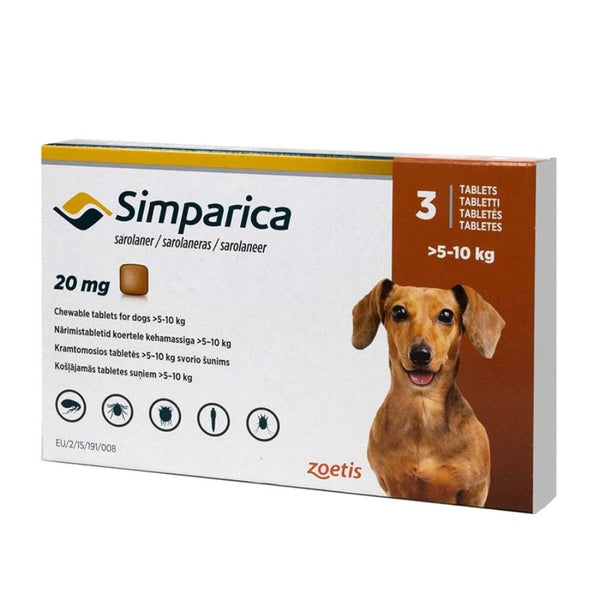 Simparica 5 - 10kg (20mg), comprimido masticable antiparasitario. Elimina pulgas, garrapatas y sarna con acción rápida y protección por 35 días.