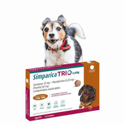 Simparica Trio 5-10kg 3 comprimidos protege por 30 días contra pulgas, garrapatas y parásitos internos. Tableta masticable mensual fácil de administrar.