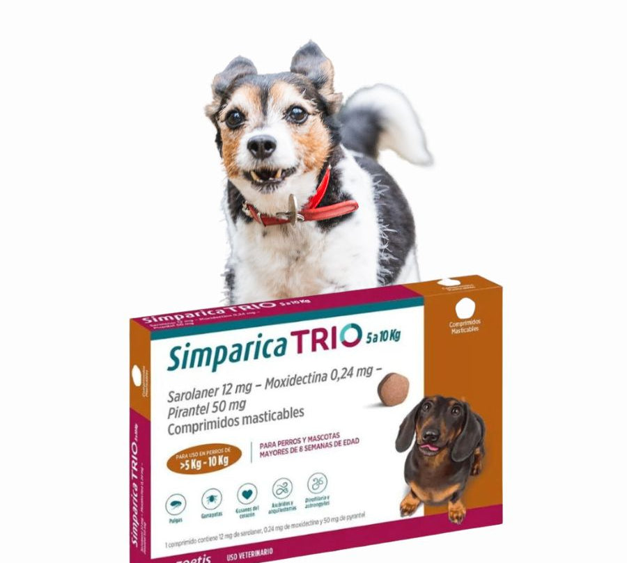 Simparica Trio 5-10kg 3 comprimidos protege por 30 días contra pulgas, garrapatas y parásitos internos. Tableta masticable mensual fácil de administrar.