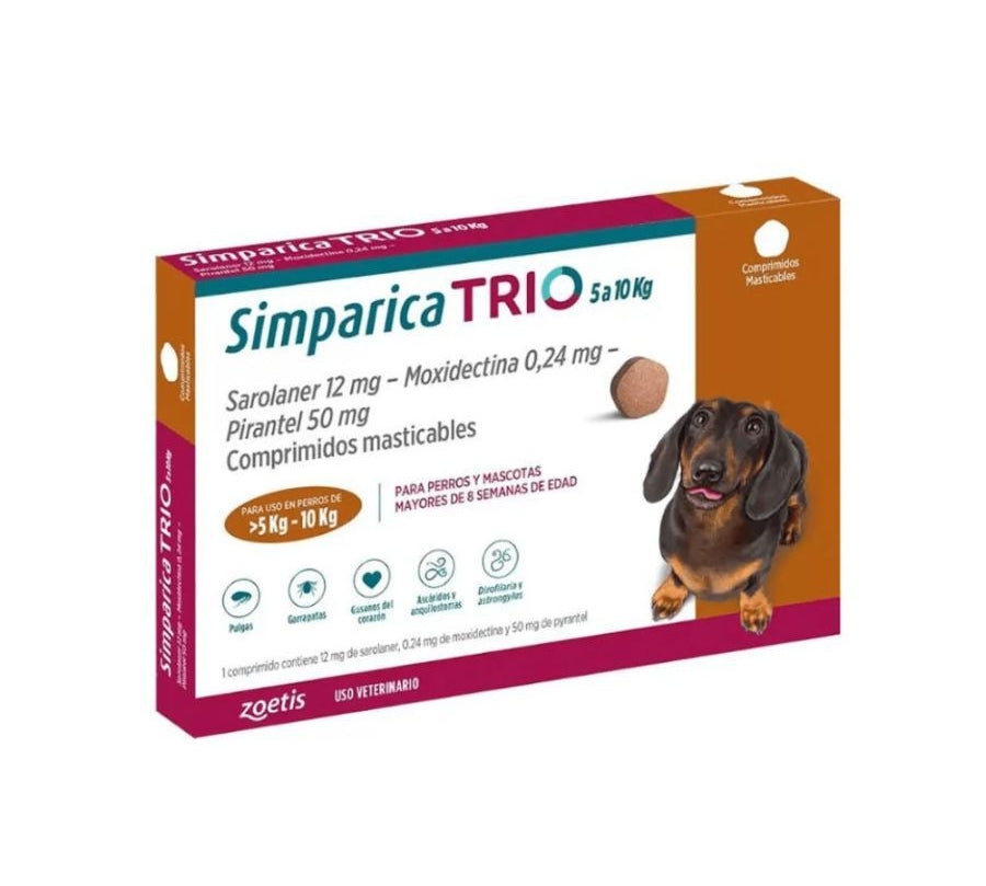 Simparica Trio 5-10kg 3 comprimidos protege por 30 días contra pulgas, garrapatas y parásitos internos. Tableta masticable mensual fácil de administrar.