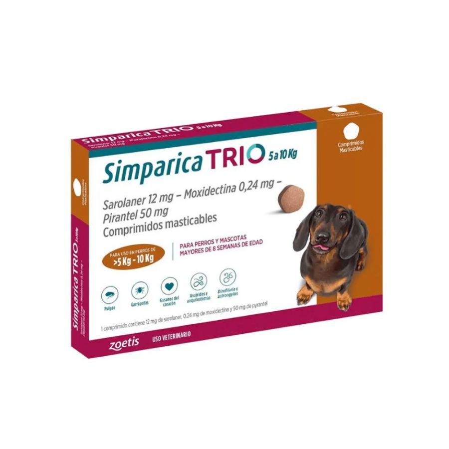 Simparica Trio 5-10kg 3 comprimidos protege por 30 días contra pulgas, garrapatas y parásitos internos. Tableta masticable mensual fácil de administrar.