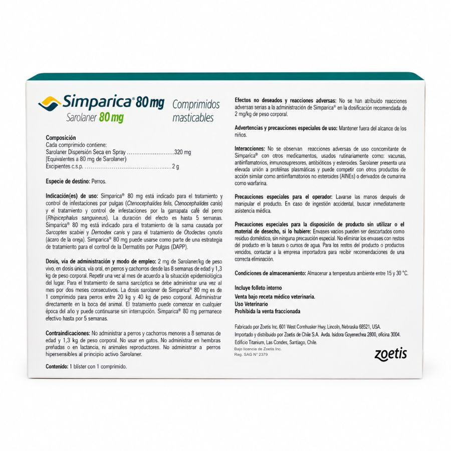 Reverso de Simparica 80 mg para perros de 20 a 40 kg: composición, indicaciones, dosis y Reg. SAG N° 2379