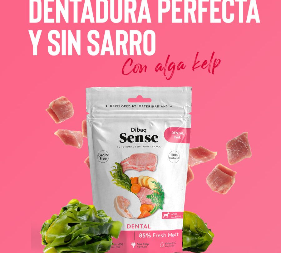 Snack Dental de Cerdo Dibaq Sense, con alga Kelp para el cuidado dental y cerdo fresco. Sabor irresistible y dientes más limpios.