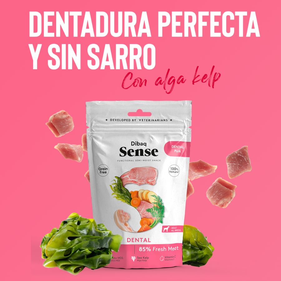 Snack Dental de Cerdo Dibaq Sense, con alga Kelp para el cuidado dental y cerdo fresco. Sabor irresistible y dientes más limpios.