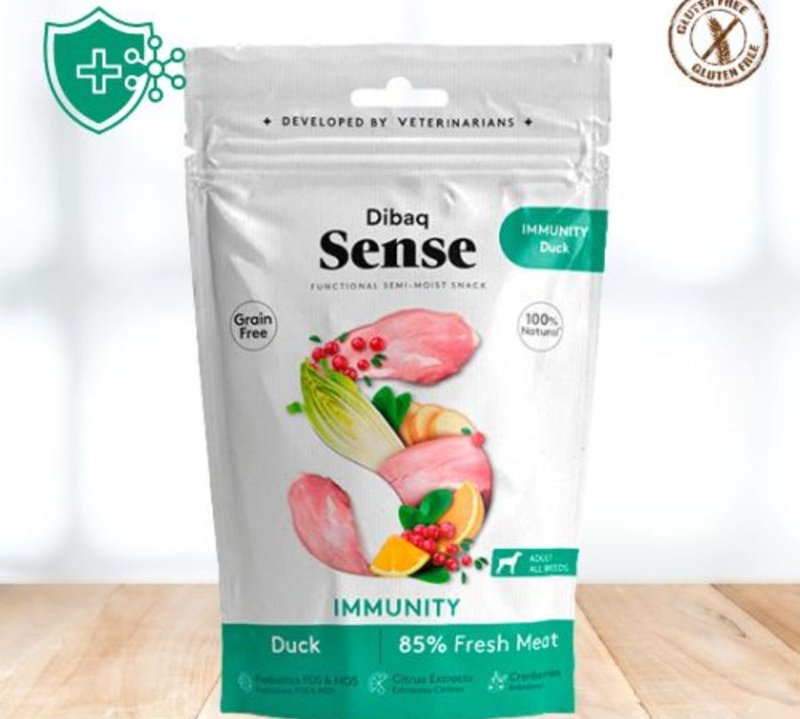 Snack Funcional Inmunológico de Pato Dibaq Sense, con pato fresco y antioxidantes naturales para fortalecer el sistema inmunológico de tu perro.