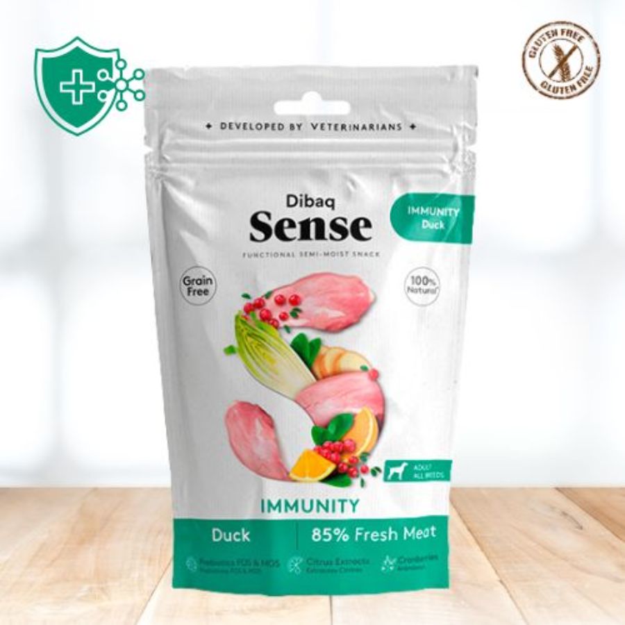 Snack Funcional Inmunológico de Pato Dibaq Sense, con pato fresco y antioxidantes naturales para fortalecer el sistema inmunológico de tu perro.