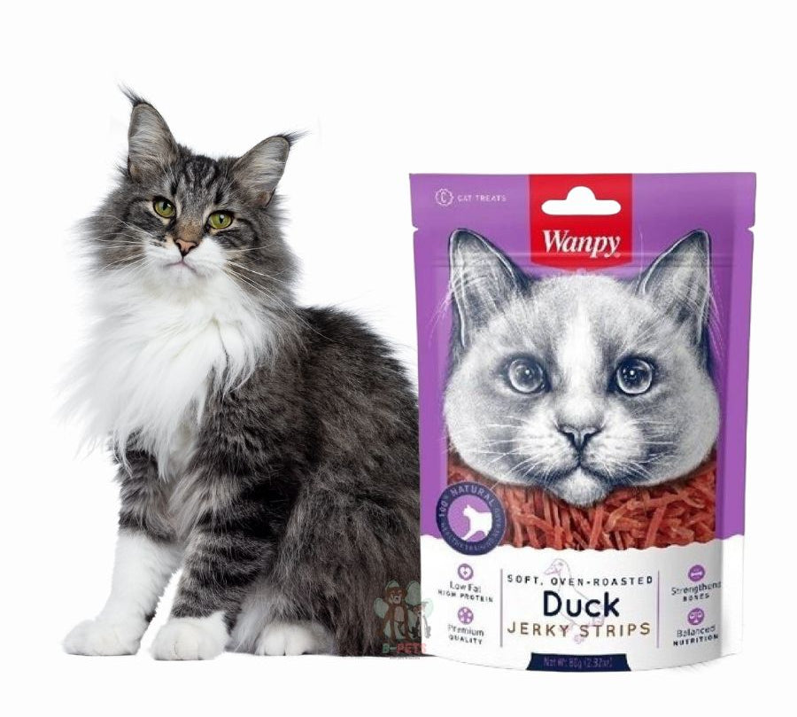 Descubre Wanpy Soft Duck Jerky Strips para Gatos, un snack premium 100% natural para gatos de todas las edades. Textura suave, bajo en grasas, y rico en proteínas.
