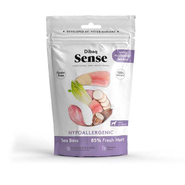 Snack Funcional Sense Hipoalergénico de Sea Bass, con lubina fresca y prebióticos, ideal para perros con digestiones sensibles y alergias.