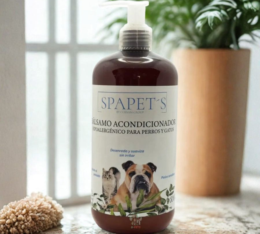 SpaPets Bálsamo Acondicionador Hipoalergénico para pieles sensibles, con avena y aloe vera. Suaviza, calma y desenreda sin irritar.