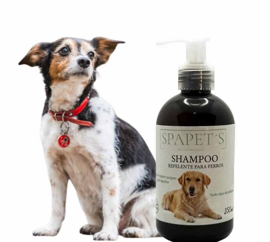SpaPets Shampoo Repelente para Perros con Tea Tree limpia, calma e hidrata, mientras ayuda a repeler insectos como pulgas y garrapatas. Ideal para piel sensible.