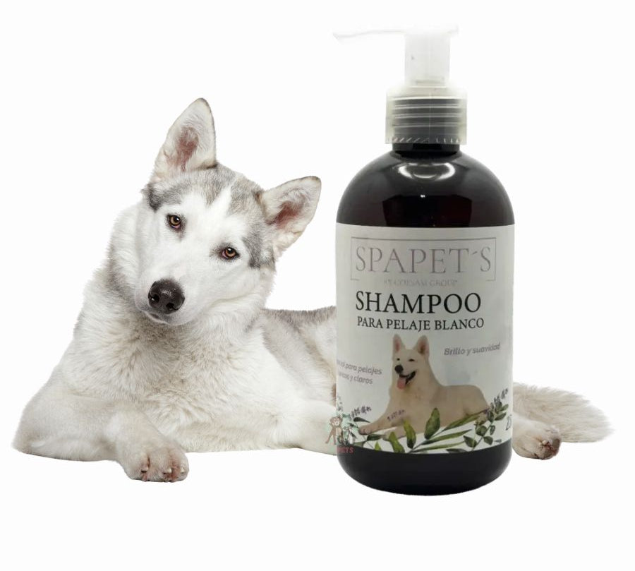SpaPets Shampoo para Perros con Pelaje Blanco ilumina, limpia y elimina tonos amarillentos. Ideal para pelajes blancos o claros. Fragancia suave de lavanda.