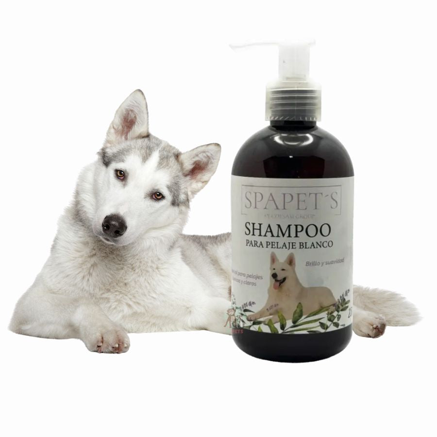SpaPets Shampoo para Perros con Pelaje Blanco ilumina, limpia y elimina tonos amarillentos. Ideal para pelajes blancos o claros. Fragancia suave de lavanda.