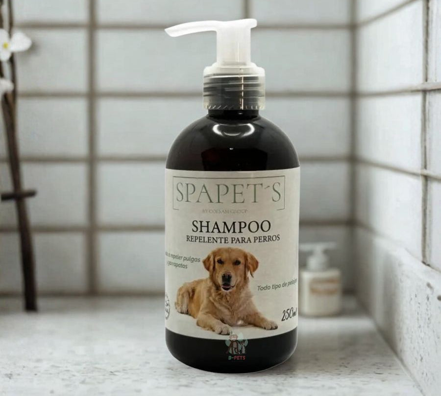 SpaPets Shampoo Repelente para Perros con Tea Tree limpia, calma e hidrata, mientras ayuda a repeler insectos como pulgas y garrapatas. Ideal para piel sensible.