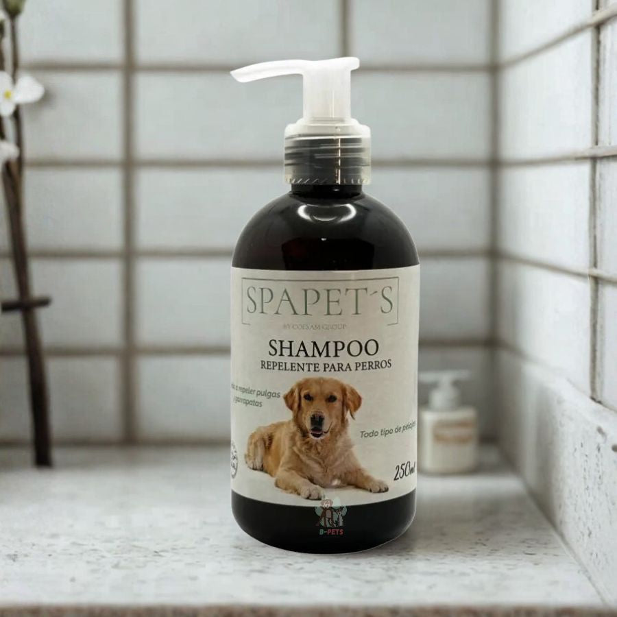 SpaPets Shampoo Repelente para Perros con Tea Tree limpia, calma e hidrata, mientras ayuda a repeler insectos como pulgas y garrapatas. Ideal para piel sensible.