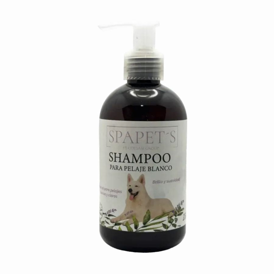 SpaPets Shampoo para Perros con Pelaje Blanco ilumina, limpia y elimina tonos amarillentos. Ideal para pelajes blancos o claros. Fragancia suave de lavanda.