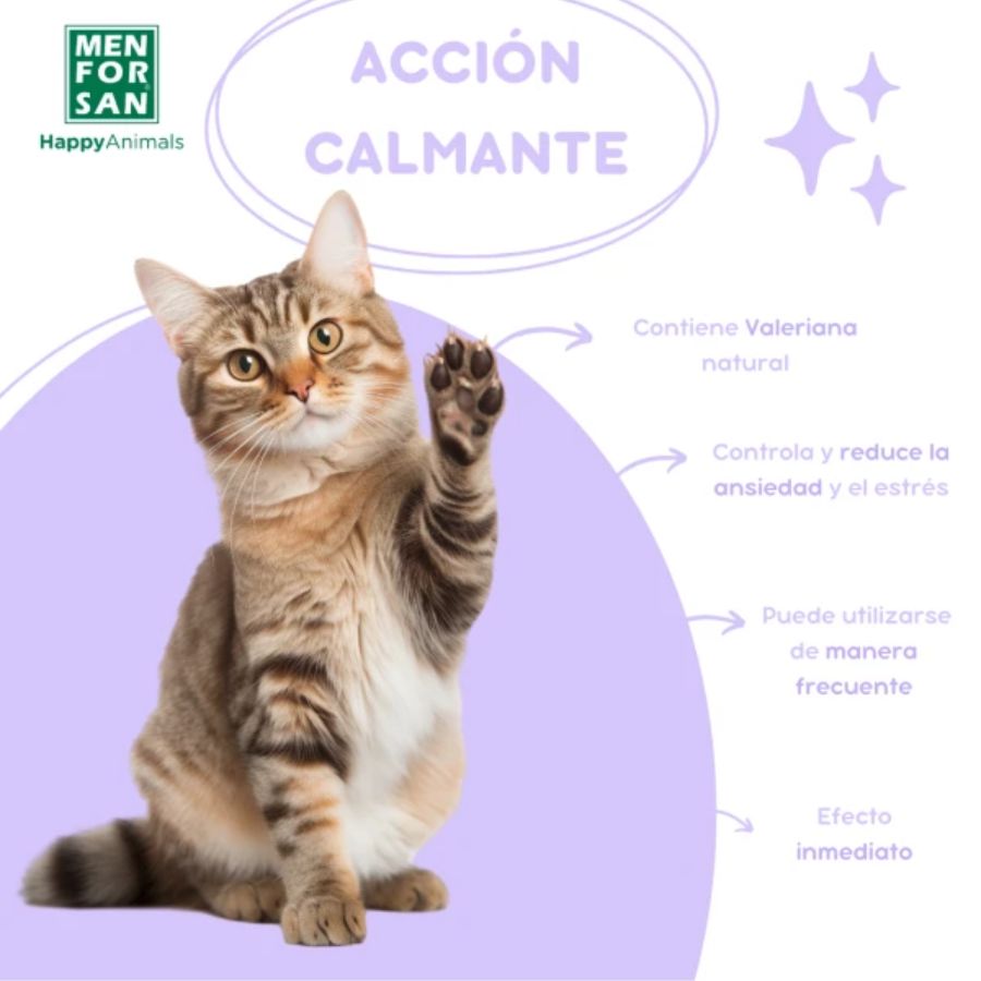 Spray Calmante para Gatos Men For San 60ml con valeriana natural, ideal para reducir la ansiedad, el estrés y mejorar la conducta de tu gato de forma inmediata.