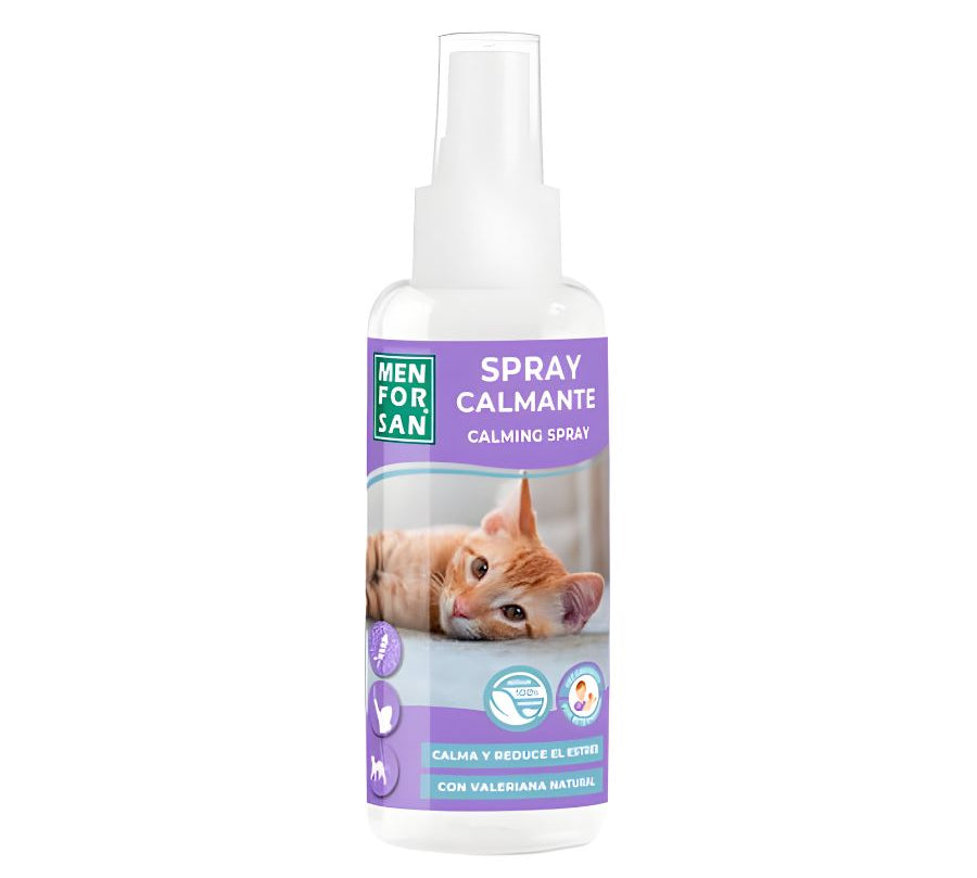 Spray Calmante para Gatos Men For San 60ml con valeriana natural, ideal para reducir la ansiedad, el estrés y mejorar la conducta de tu gato de forma inmediata.