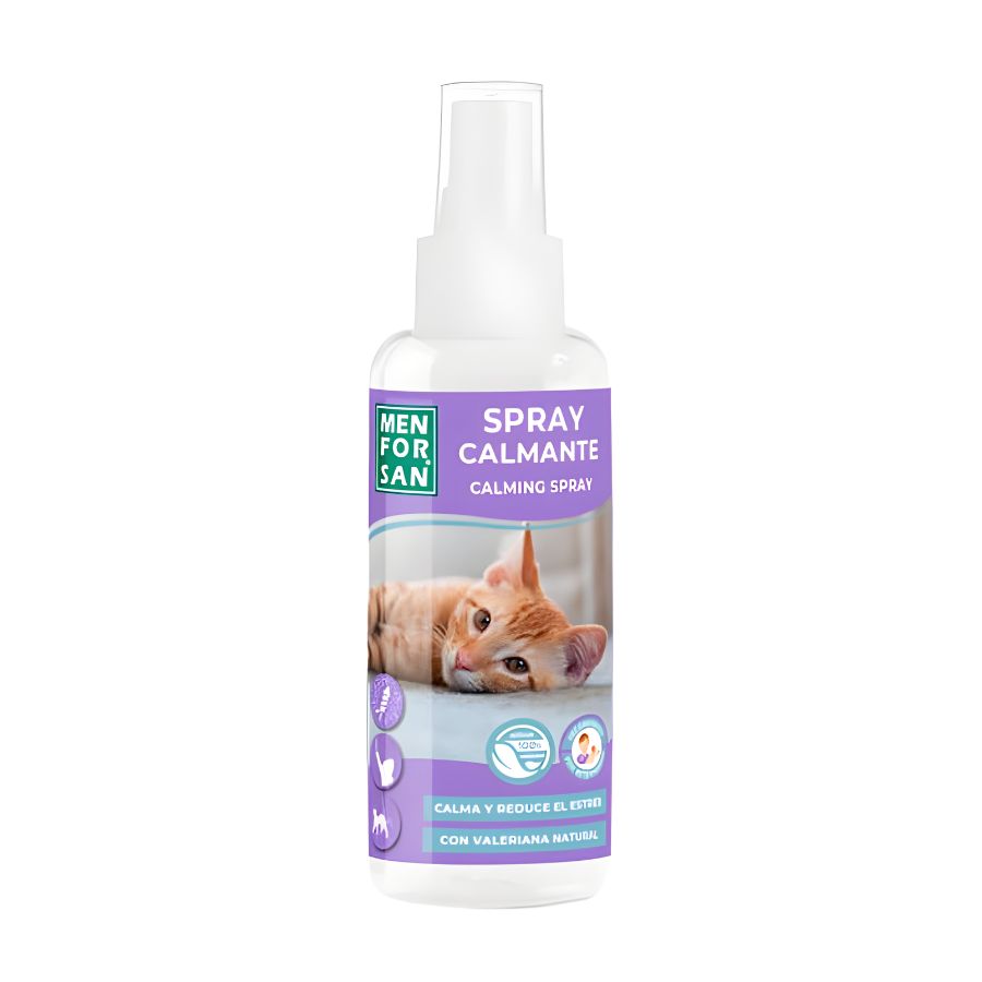 Spray Calmante para Gatos Men For San 60ml con valeriana natural, ideal para reducir la ansiedad, el estrés y mejorar la conducta de tu gato de forma inmediata.