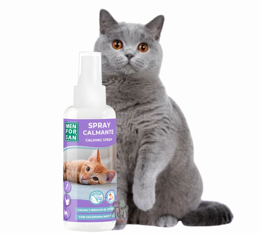 Spray Calmante para Gatos Men For San 60ml con valeriana natural, ideal para reducir la ansiedad, el estrés y mejorar la conducta de tu gato de forma inmediata.