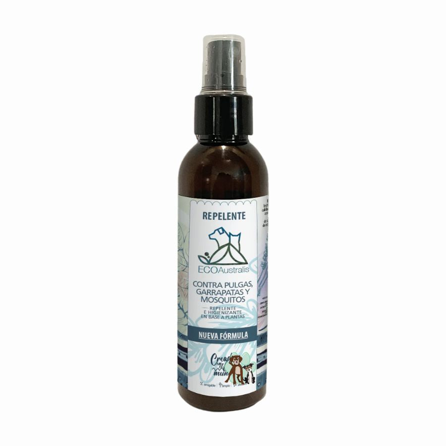 Spray Repelente Contra Pulgas y Garrapatas Ecoaustralis 135ml, antiparasitario natural y seguro para mascotas desde los 2 días de edad. Sin tóxicos ni químicos.