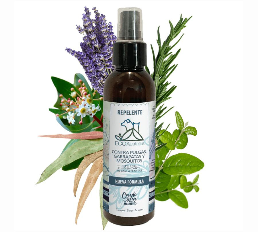 Spray Repelente Contra Pulgas y Garrapatas Ecoaustralis 135ml, antiparasitario natural y seguro para mascotas desde los 2 días de edad. Sin tóxicos ni químicos.