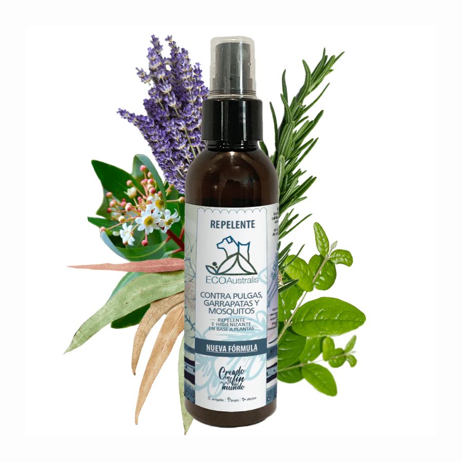 Spray Repelente Contra Pulgas y Garrapatas Ecoaustralis 135ml, antiparasitario natural y seguro para mascotas desde los 2 días de edad. Sin tóxicos ni químicos.