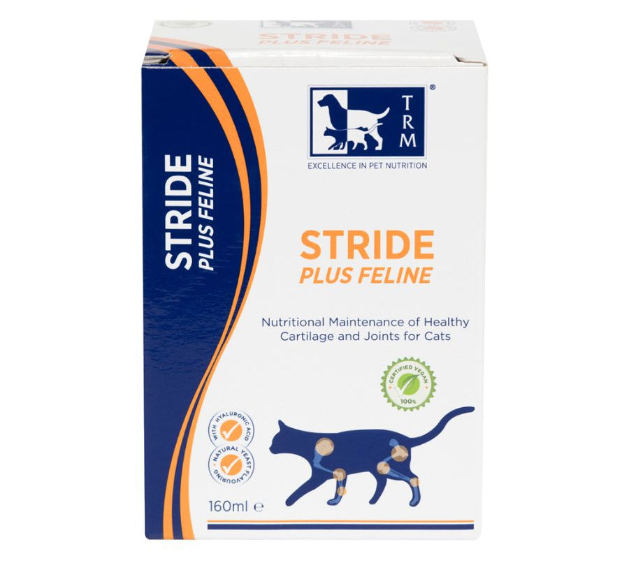 Stride Plus Felino 160 ml TRM es un suplemento líquido vegano que mejora la movilidad y salud articular en gatos, fácil de administrar y altamente palatable. B-Pets