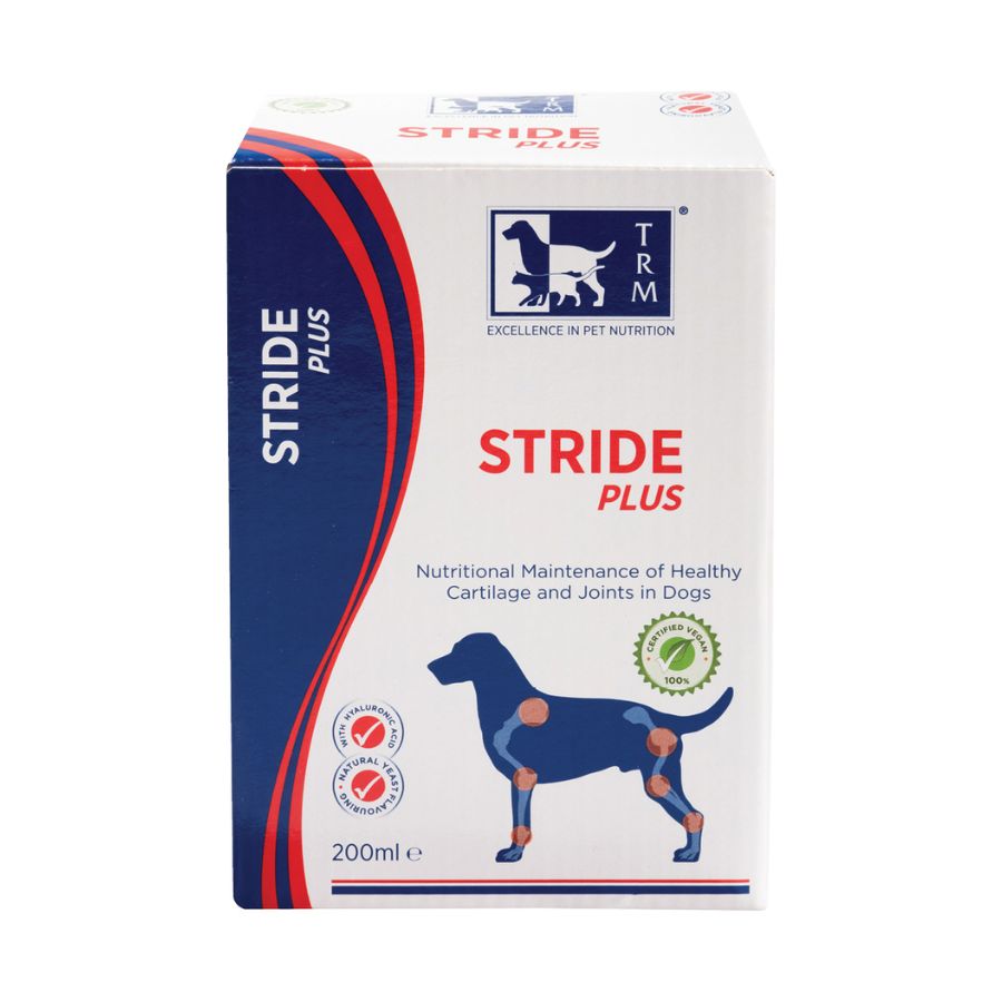 Stride Plus Perro 200 ml TRM es un suplemento líquido vegano que apoya la salud articular con glucosamina, condroitín y ácido hialurónico. Ideal para perros activos o mayores. B-Pets