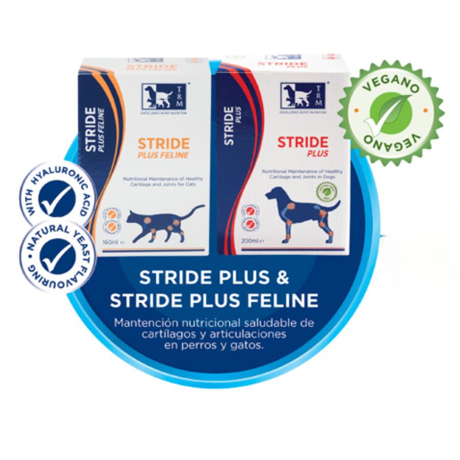 Stride Plus Perro 200 ml TRM es un suplemento líquido vegano que apoya la salud articular con glucosamina, condroitín y ácido hialurónico. Ideal para perros activos o mayores. B-Pets